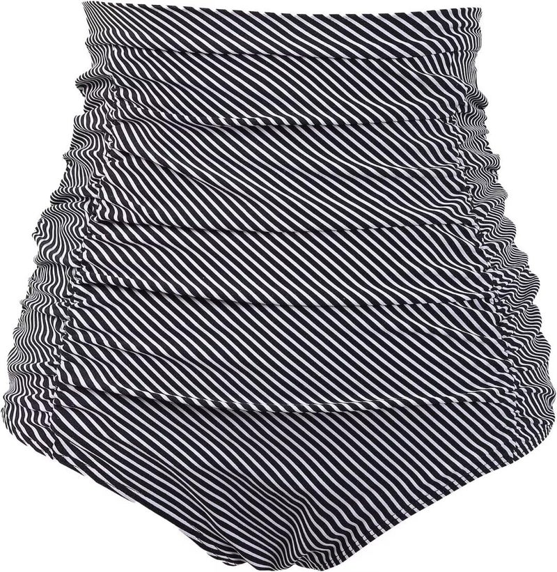 COCOPEAR Women's Ruched High Waisted Bikini Bottom Retro Vintage Swim Short Tankinis Black Stripe 2XL - Image 1